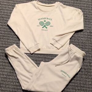 Cream Jogger Set with Green Logo Cropped Top And Comfy Pants